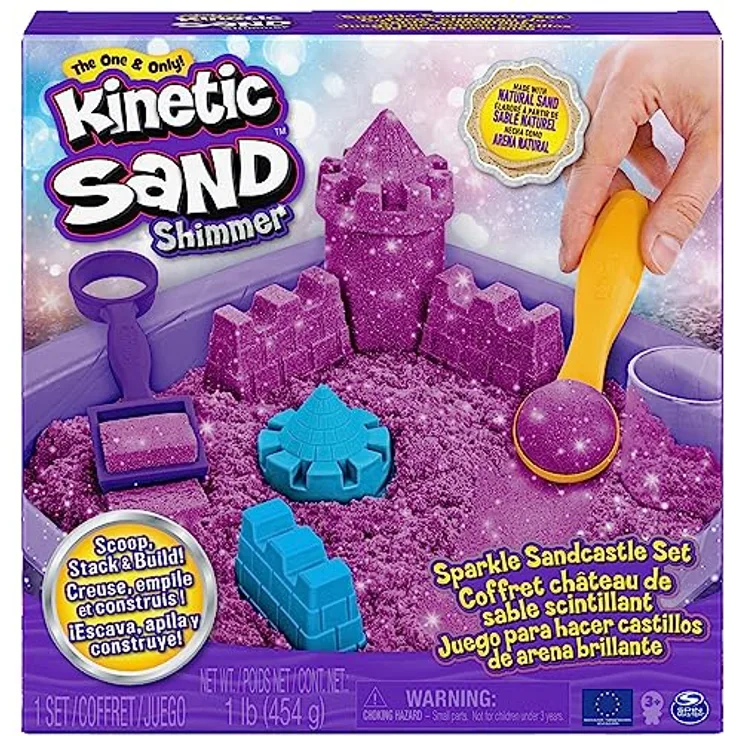 Kinetic Sand Schimmer Sandbox Set - mit 454 g magischem kinetischem Sand Schimmersand in Lila, Wanne und Zubehör für Indoor-Sandspiel, ab 3 Jahren