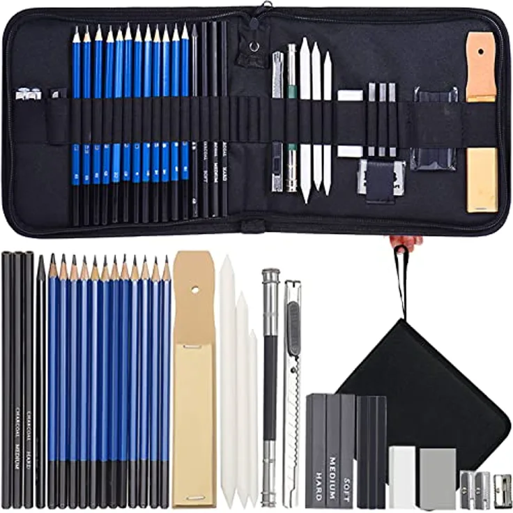 MALATEC Bleistift Skizzen Set 32-teilig, Zeichenset mit 12 Skizzenstiften, 6B Bleistift, 3 Kohlestiften, schwarz