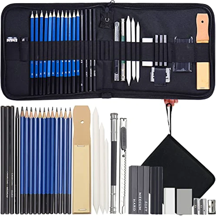 MALATEC Bleistift Skizzen Set 32-teilig, Zeichenset mit 12 Skizzenstiften, 6B Bleistift, 3 Kohlestiften, schwarz – Bild 1