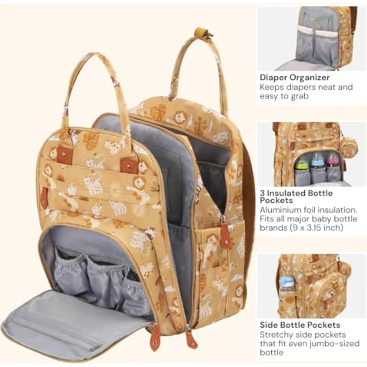 BabbleRoo Wickeltasche Rucksack, multifunktional, wasserdicht, 26L, mit Wickelunterlage und Kinderwagengurten, Safari-Design – Bild 4