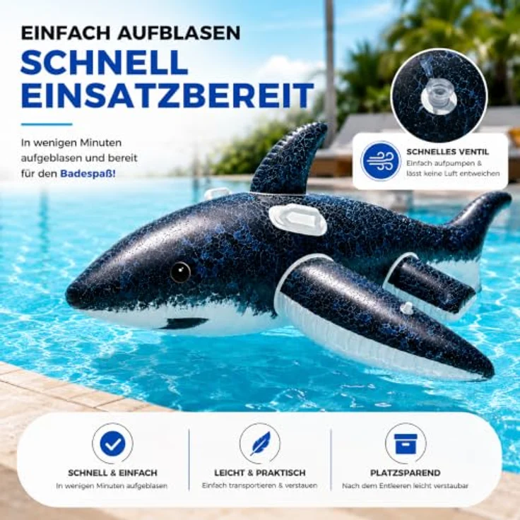 TK Gruppe Timo Klingler Aufblasbar XXL Hai Luftmatratze 180 cm, Schwimmring für Kinder & Erwachsene, robustes PVC, ideal für Pool & Strand – Bild 3