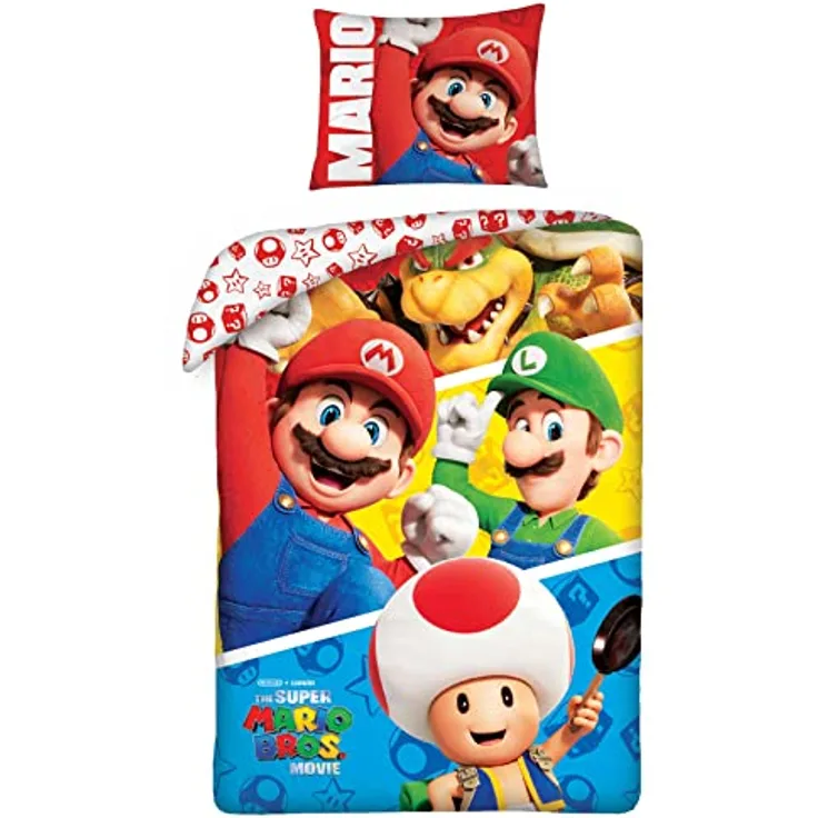Nintendo Super Mario Bros Film Gang Einzelbettbezug & Kissenbezug Set - weicher & atmungsaktiver Bettbezug mit Kissenbezug aus 100% Baumwolle - Wendebettbezug für Kinder, Mädchen & Jungen