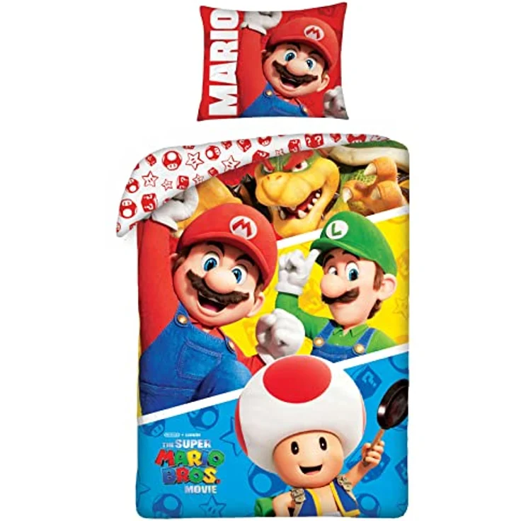 Nintendo Super Mario Bros Film Gang Einzelbettbezug & Kissenbezug Set - weicher & atmungsaktiver Bettbezug mit Kissenbezug aus 100% Baumwolle - Wendebettbezug für Kinder, Mädchen & Jungen – Bild 1