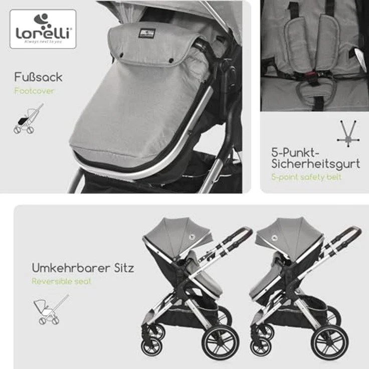 Lorelli Kinderwagen Viola 2 in 1, Kombikinderwagen bis 22 kg inkl. Babywanne und Sportsitz, grau, großartige Gummireifen und Federung – Bild 3