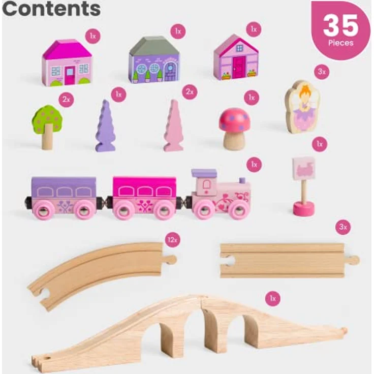 Bigjigs Rail Holzeisenbahn Set Märchen 8, 35 Teile mit Feenfiguren und farbigen Wagen, rosa – Bild 4