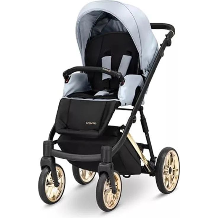 Kunert IVENTO GLAM Kinderwagen 2 in 1, Sportwagen und Babyschale Komplettset, Eco Baby Blue Metallic mit Goldrahmen – Bild 2