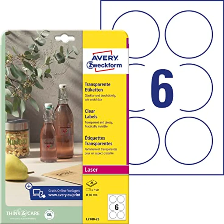 AVERY Zweckform L7788-25 transparente runde Etiketten (150 Klebepunkte, Ø80 mm auf A4, runde Aufkleber zum Bedrucken, selbstklebend, wetterfest, Beschriftungen/Produktaufkleber) 25 Blatt, durchsichtig – Bild 1