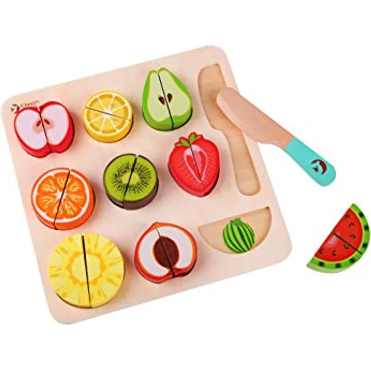 Classic World Set zum Schneiden von Früchten, Mehrfarbiges Holz-Küchenzubehör für Kreativität, Vorstellungskraft, Kognition und Sensorik, 2-6 Jahre