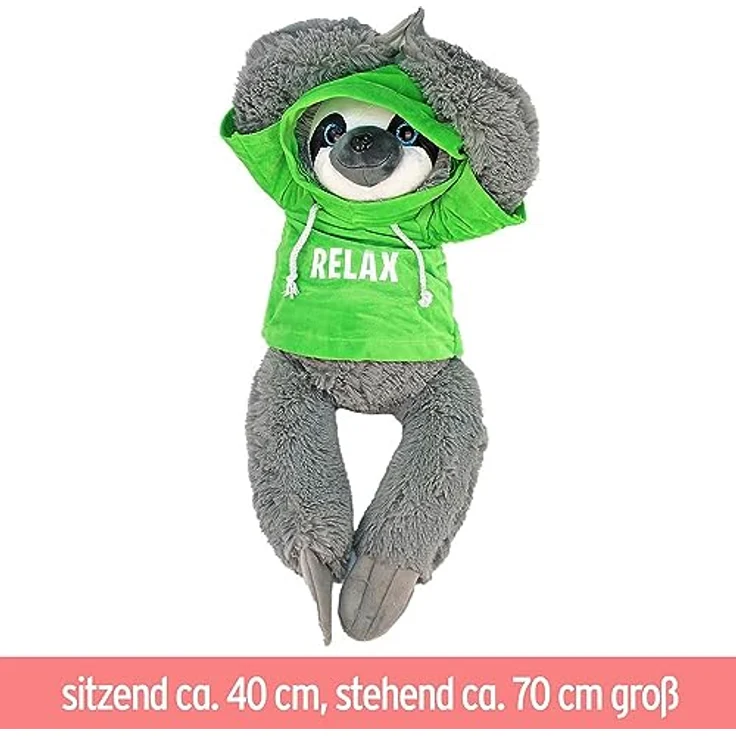 BEMIRO Faultier Kuscheltier mit Kapuze - grün Relax - ca. 70 cm, Faultier Kuscheltier mit Pulli, Kletthände zum anhängen, Plüschtier Faultier mit Hoodie – Bild 4