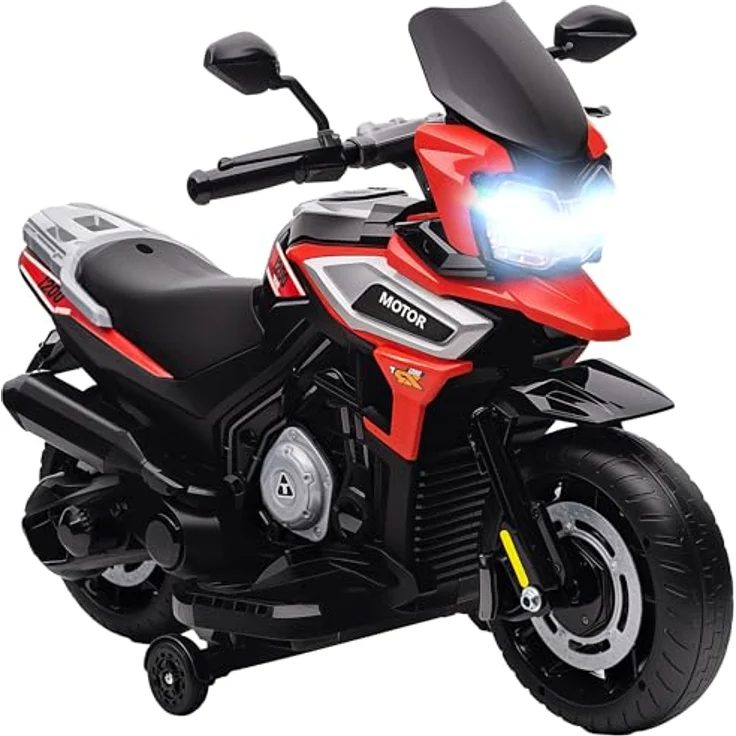 AIYAPLAY Elektro Motorrad Kinder 6V, Elektromotorrad mit 2 Hilfsrädern, Beleuchtung, Musik und Soft-Start, bis zu 2,4 km/h, Rot, für Kinder von 1,5-3 Jahren – Bild 1