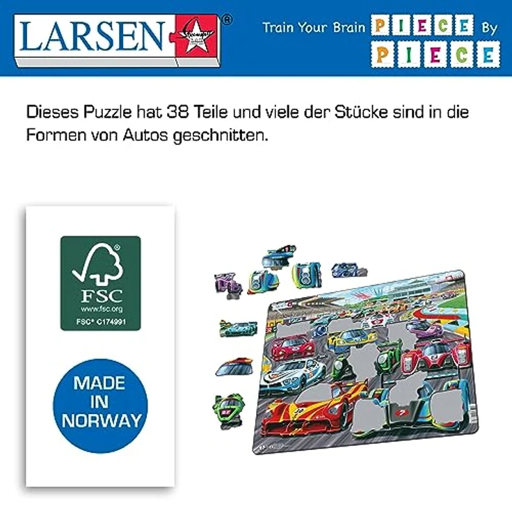 Larsen Puzzles PG1, Kinder Rahmenpuzzle Racing Cars, 38 Teile, Lernspielzeug zur Förderung von Konzentration und Hand-Augen-Koordination, ab 3 Jahre – Bild 5