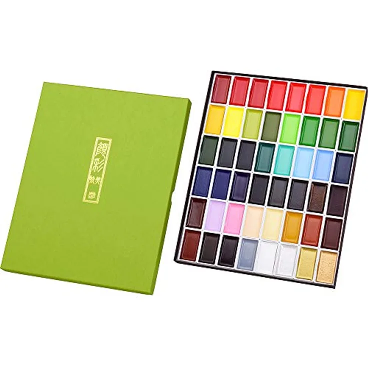 Kuretake Gansai Tambi Aquarellfarben, 48 Farben Set mit großformatigen Pans und Palette, wasserbasierte Pigmente in eleganter Eco-Verpackung