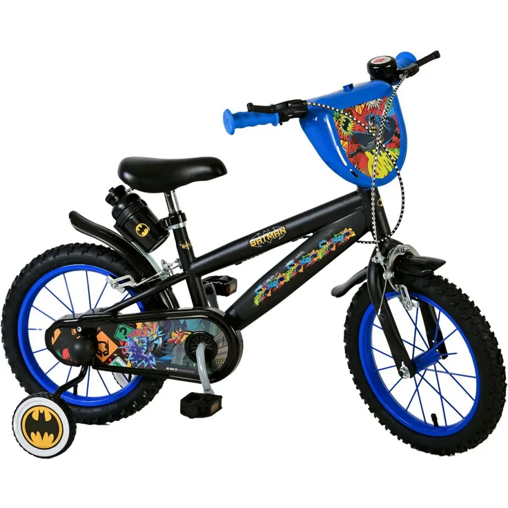 Volare Kinderfahrrad Batman für Jungen 14 Zoll Schwarz, mit Handbremsen und abnehmbaren Seitenrädern