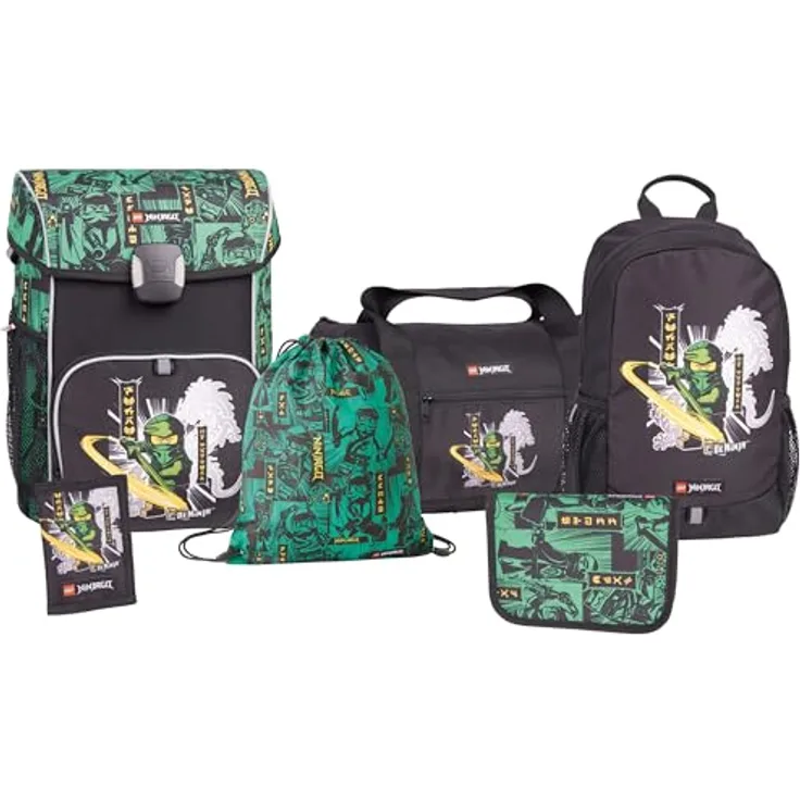 SKANDO BAGS Lego NINJAGO Schulranzen-Set - 6-teiliges Komplettpaket, CE-zertifiziertes Federmäppchen, Grün