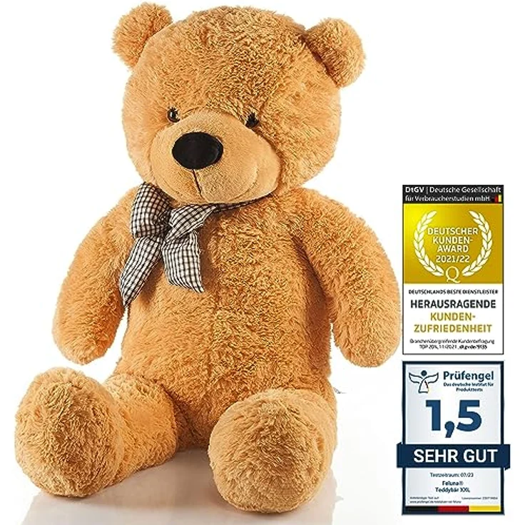 Feluna Riesen Teddybär XXL Kuschelbär 120 cm groß Plüschbär - Original Teddy Bär mit Schleife Hellbraun und Extra weichem Plüsch – Bild 1