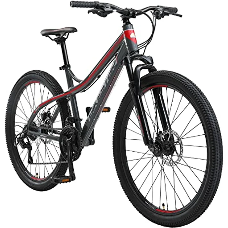 BIKESTAR Hardtail Aluminium Mountainbike Shimano 21 Gang Schaltung, Scheibenbremse 26 Zoll Reifen | 16 Zoll Rahmen Alu MTB | Grau & Rot – Bild 1