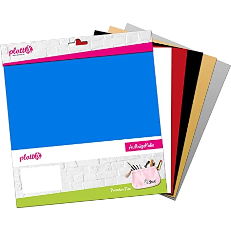 plottiX PremiumFlex Aufbügelfolie, farbsortiert, 6 Stück in Silber, Gold, Rot, Blau, Weiß, Schwarz, 30,0 x 30,0 cm – Bild 2
