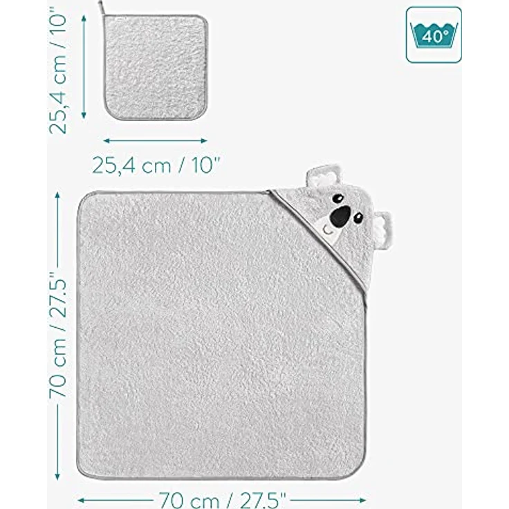 Navaris Baby Handtuch mit Kapuze und Waschlappen - Set aus Bambus - Badetuch ab 0 Monate - Kapuzenhandtuch 70x70cm Ökotex zertifiziert - Koala Design – Bild 4