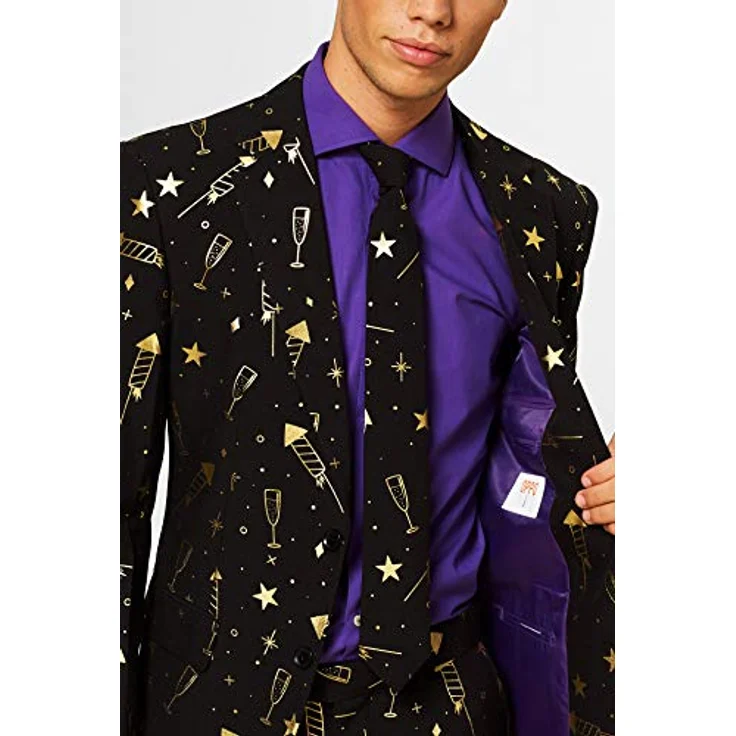 OppoSuits Fancy Fireworks (54), schwarzer Anzug mit goldenen Raketen und Sektgläsern, dreiteilig mit Jacket, Hose und Krawatte – Bild 5