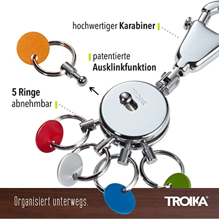 TROIKA PATENT SCHLÜSSELHALTER KYR61/CH, glänzender Schlüsselanhänger mit Karabinerhaken, 6 ausklinkbaren Ringen und farbigen Plättchen zur Schlüsselzuordnung – Bild 2