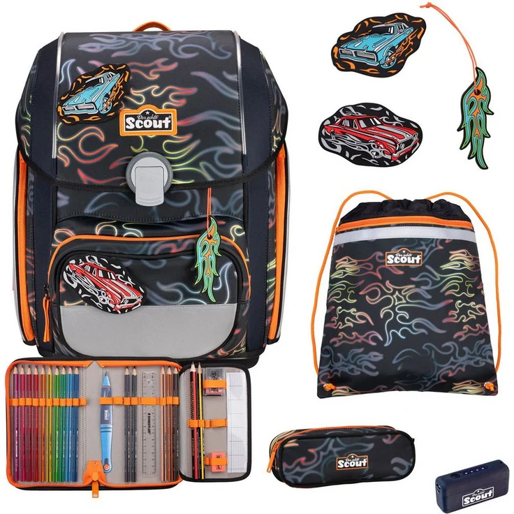Scout Genius Safety Light Schulranzen-Set 5 tlg. Flames, mit höhenverstellbaren Schultergurten und LED-Lichtleitern, 19 Liter Volumen