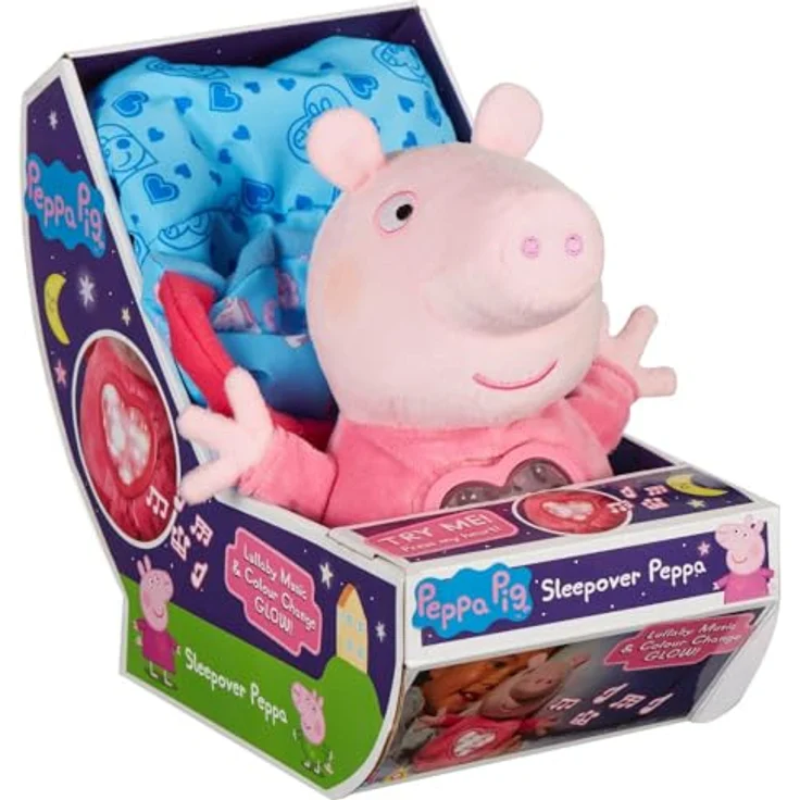 BANDAI Peppa Wutz Pyjama-Party Plüschtier mit Schlafsack und Herzlicht, weich und kuschelig – Bild 2