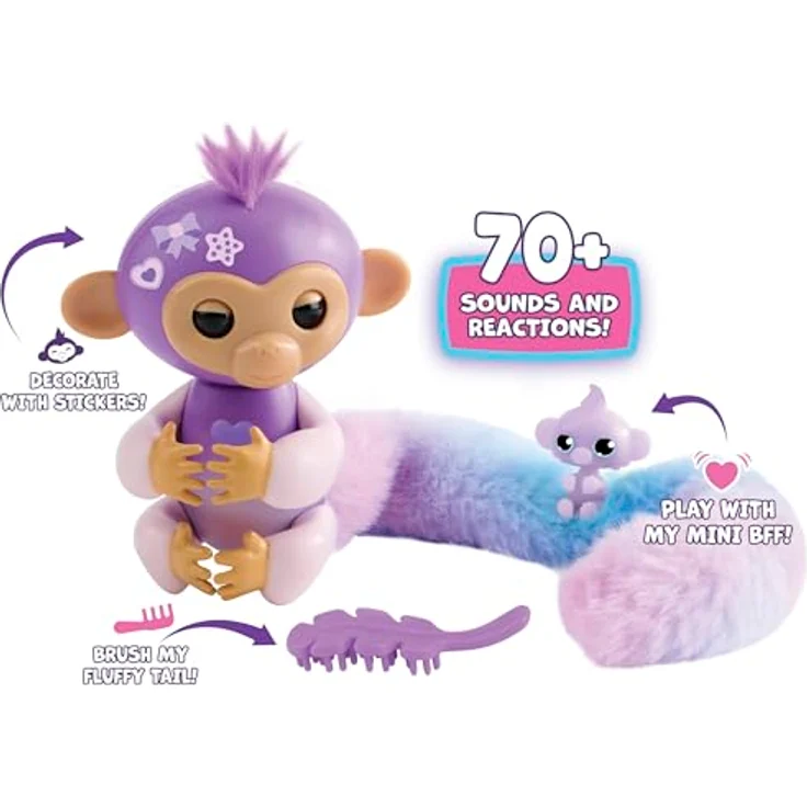 Fingerlings Snuggle Tails Coco, interaktiver lila Affe mit flauschigem Schwanz, Mini-Bestie Chloe, Bürste und Aufklebern – Bild 4