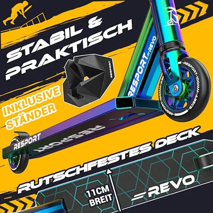 RE:SPORT REVO Stunt Scooter, Profi Stuntroller mit 100mm PU-Rollen, ABEC 9 Kugellager, für Kinder & Erwachsene, mit Ständer, Y-Bar, rutschfestem Pro-Deck, ergonomischen Griffen – Bild 3