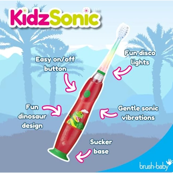 Brush-Baby KidzSonic Elektrische Zahnbürste für Kinder ab 3 Jahren, Dinosaurier-Design mit blinkenden Disco-Lichtern und sanften Schallvibrationen, IPX7 wasserdicht – Bild 4