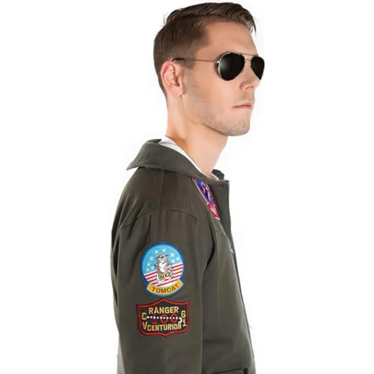Maskworld Original Top Gun Overall Deluxe, lizenziertes Film-Kostüm für Erwachsene in olivgrün, Größe S-M, mit militärischen Aufnähern und 2-Wege-Reißverschluss – Bild 5