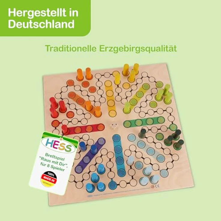 Hess Holzspielzeug 14849 - Brettspiel "Raus mit Dir" aus Holz, inklusive Würfel und Spiel-Steinen, handgefertigt, für bis zu 8 Personen, unterhaltsamer Spielspaß für Klein und Groß – Bild 8