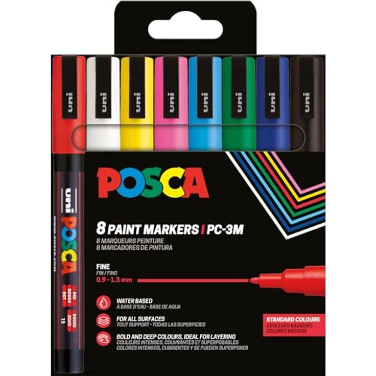 POSCA 186558, Acrylstifte Marker Set PC-3M, 8 Permanent Marker mit Rundspitze 0,9 - 1,3 mm, in Weiß, Gelb, Pink, Rot, Blau, Hellblau, Grün und Schwarz – Bild 1
