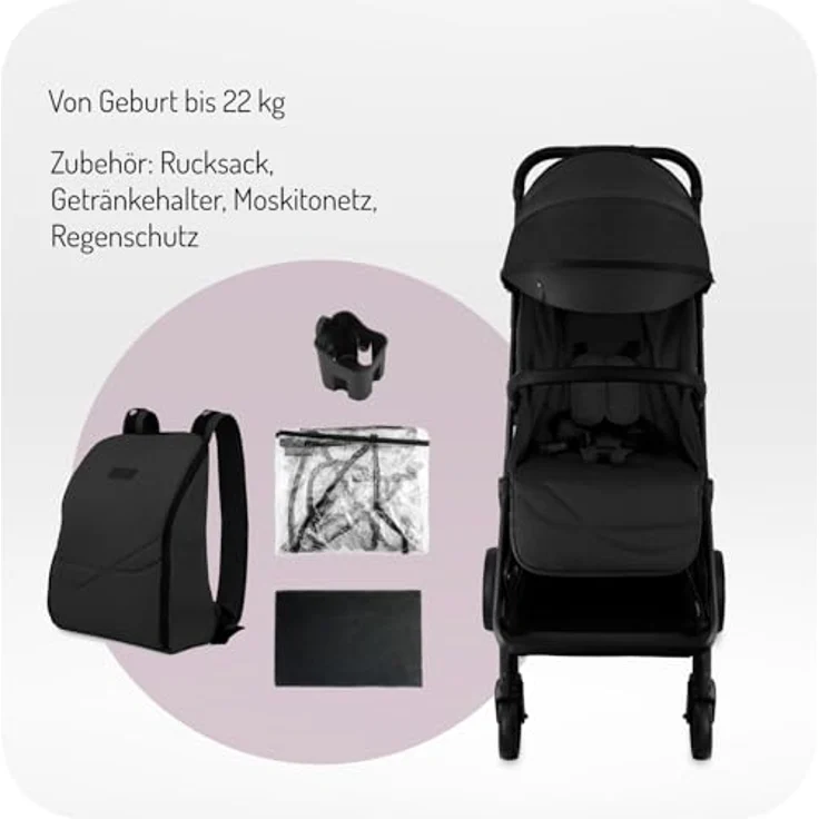MoMi Kinderwagen ANDREA, kompakter Buggy mit automatischem Faltsystem, 5-Punkt-Sicherheitsgurt, Zwillingsfunktion, Getränkehalter, Einkaufskorb und Insekten- und Regenschutz, bis 22 kg – Bild 2