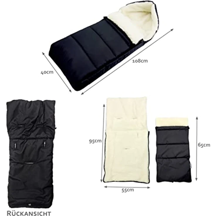 BAMBINIWELT KOMBI-ANGEBOT Muff + Winterfußsack 108cm - aus Lammwolle für Kinderwagen, Buggy, Radanhänger - WOLLE - LINIERT - SCHWARZ – Bild 6