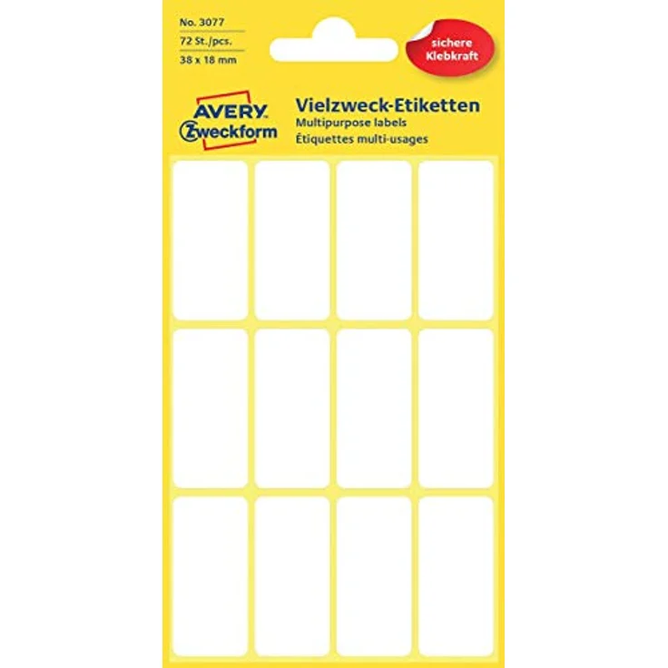 AVERY Zweckform 3077 Haushaltsetiketten selbstklebend (38x18 mm, 72 Aufkleber auf 6 Bogen, Vielzweck-Etiketten für Haushalt, Schule und Büro zum Beschriften und Kennzeichnen) blanko, weiß - Vielzweck-Etiketten für schnelles Beschriften und Markieren – Bild 1