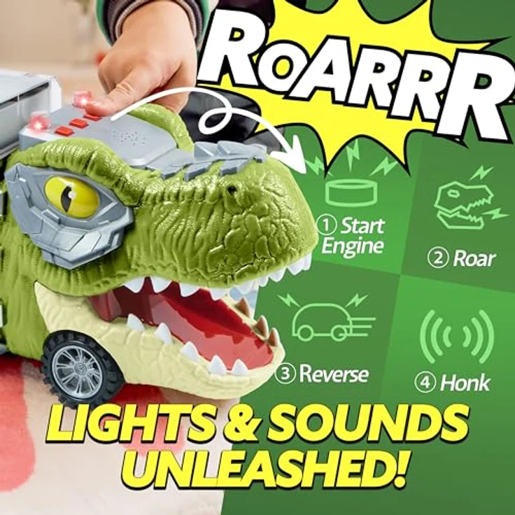 JOYIN Dinosaurier Spielzeug-Set, 13 Stück mit Autotransporter, 12 Zurückziehbaren Dino-Fahrzeugen, Musik, Sound und Lichtern, Hubschrauber für Kinder – Bild 2