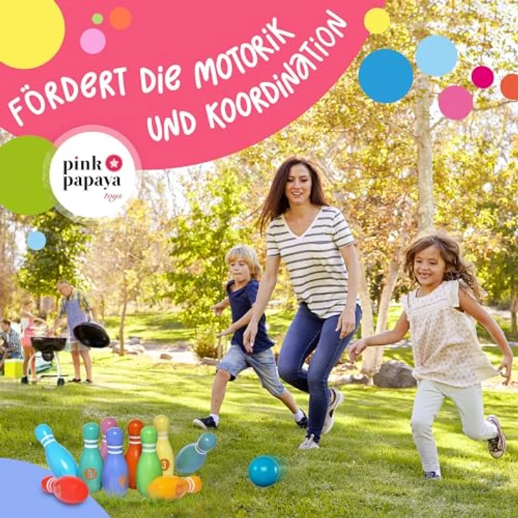 Pink Papaya XL Kegelspiel für Kinder, 12-teiliges Bowling Set aus FSC-zertifiziertem Holz, Indoor & Outdoor Spielzeug, fördert Motorik und Teamgeist – Bild 2