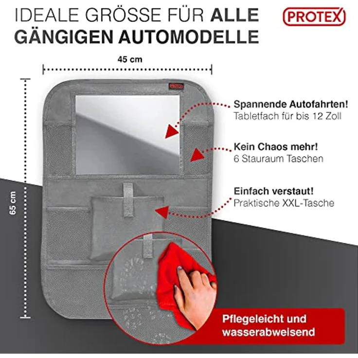 PROTEX© Rückenlehnenschutz Organizer, 2 in 1 Autositzorganizer mit 12 Zoll Tablet Fach und 8 Fächern, grau – Bild 2