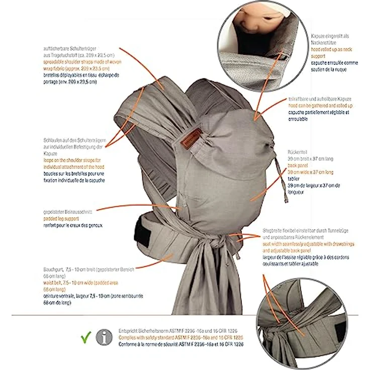 Hoppediz Babytrage Hop-Tye Advanced, Halfbuckle mit Tuchträger, ab Geburt (2,5 - 20 kg) – Bild 6
