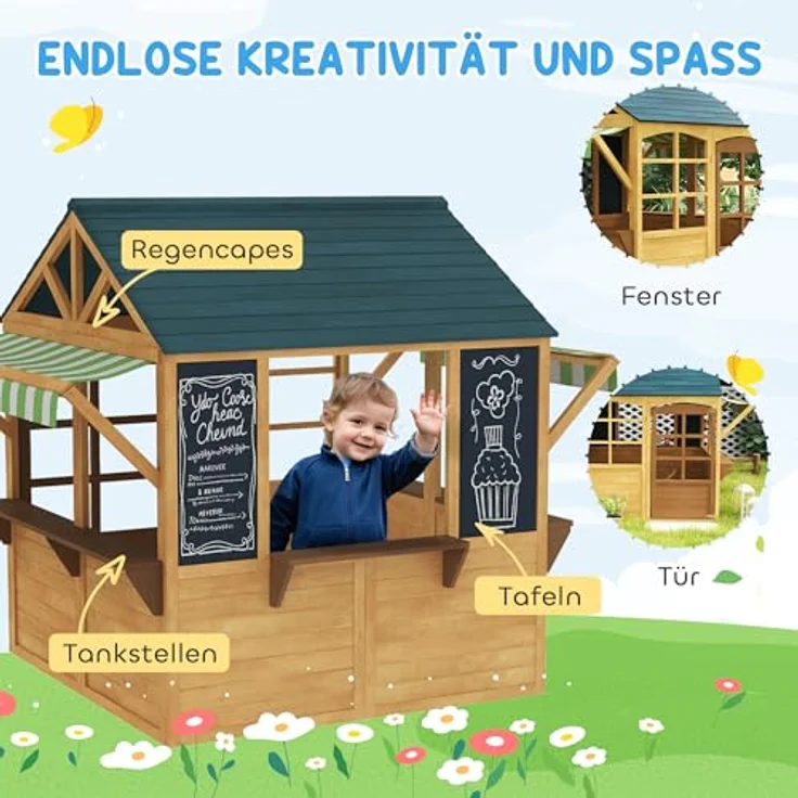 AIYAPLAY Spielhaus aus Holz Faltbar, Outdoor Kinderhaus mit 5 Fenstern, Tür, Fensterbank, Regenkappen für Kinder 3-8 Jahre – Bild 5