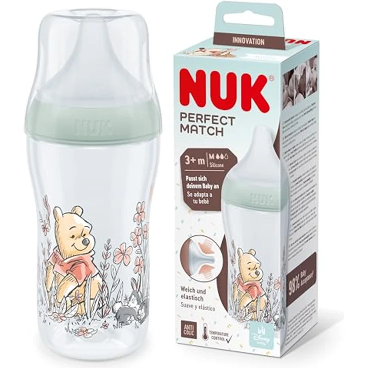 NUK Perfect Match Babyflasche | Ab 3 Monate | Passt sich dem Baby an | Temperature Control | Anti-Colic | 260 ml | BPA-frei | Silikontrinksauger, Medium | Disneys Winnie Puuh – Bild 1