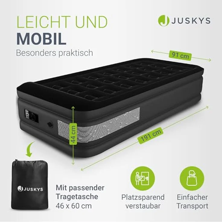 Juskys Luftmatratze Sapri M, Einzel-Luftbett, selbstaufblasend, wasserdicht, inkl. Pumpe, Tasche - Schwarz – Bild 4