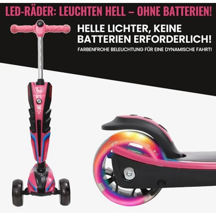 Habib Gruppe Kinderroller LED Leuchträder, 3 Rad Tretroller, klappbar, höhenverstellbar (65-95 cm), bis 50 kg, pink, für Mädchen & Jungen, 3-12 Jahre – Bild 3