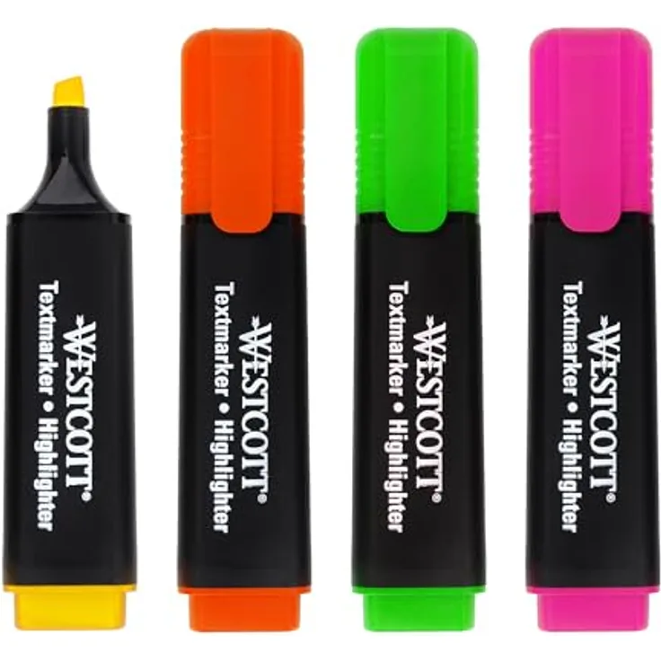 Westcott Textmarker 4 Stück in Grün, Gelb, Orange, Pink | 4er Pack Highlighter Marker in leuchtenden Farben | 2-5 mm Strichstärke | Premium Tinte aus Deutschland | E-744249 00