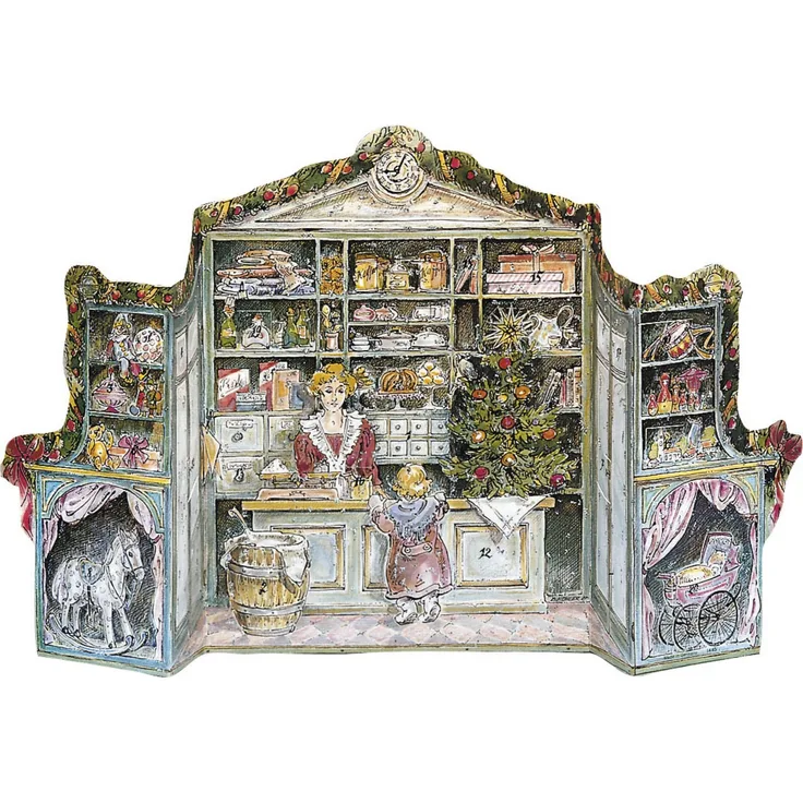 Korsch Adventskalender "Kaufladen", 3D Falt-Adventskalender mit 24 Überraschungen und Weihnachtsbaum, glitzerndes Design