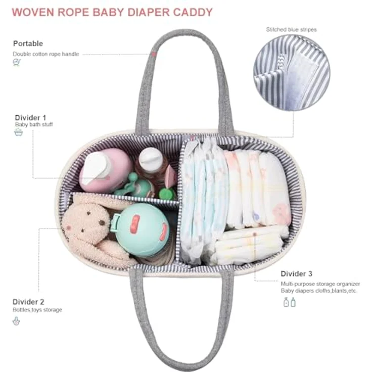 YeaYee Baby Windel Caddy Organizer, multifunktionale Aufbewahrungsbox aus 100% Baumwoll-Leinen mit wechselbaren Fächern, farblich neutral, 36,1 x 22,1 x 18 cm, ideal als Babyparty-Geschenk – Bild 3