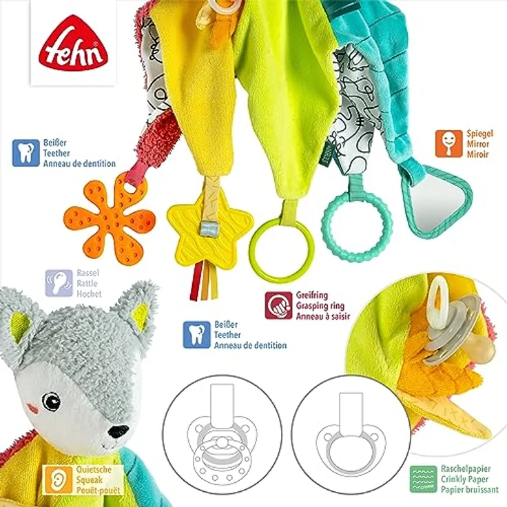 Fehn Activity-Schmusetuch Fuchs Deluxe – Plüschtier, Einschlafhilfe & Schnuffeltuch mit Rassel, Quietsche, Raschelpapier, Spiegel, Beißer zum Knuddeln, Greifen – für Babys & Kleinkinder ab 0+ Monaten – Bild 4