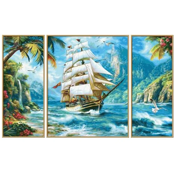 Schipper MNZ Segelschiff in der Südsee, Malen-nach-Zahlen Set im Triptychon-Format mit 42 Acrylfarben und Leinstruktur, 80 x 50 cm – Bild 4