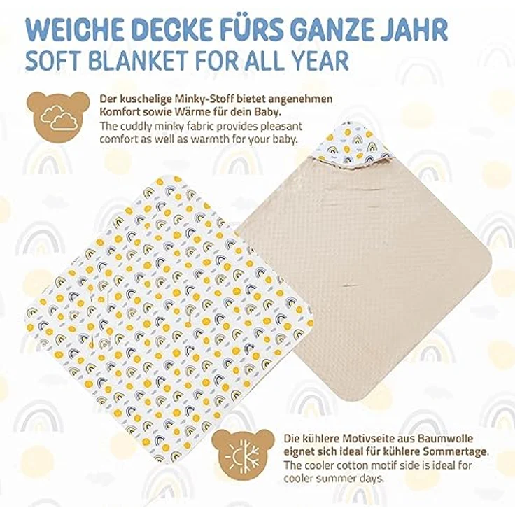 Joyz Einschlagdecke mit Kapuze, Regenbogen mit beigem Minky, 100% Baumwolle, 84x84 cm, Doppelseitig, Universal für Babyschale, Autositz, Kinderwagen oder Buggy, Kuscheldecke Ganzjahresdecke Babydecke – Bild 3