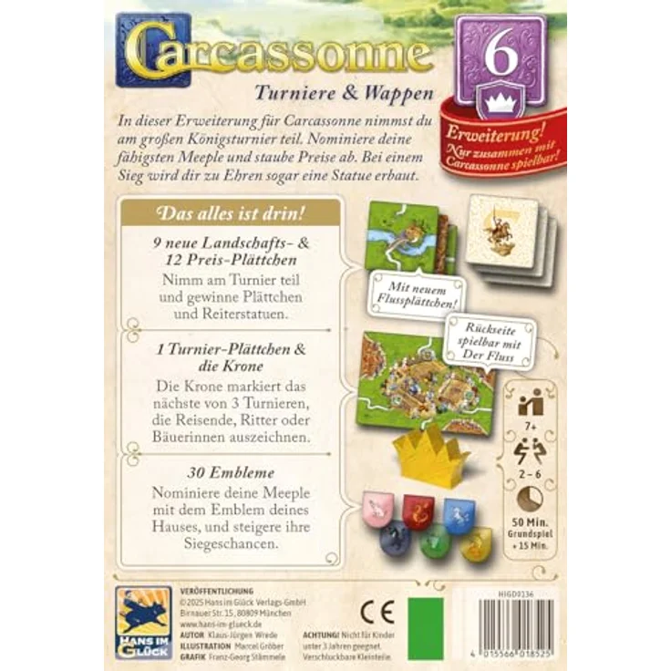 Hans im Glück Carcassonne – Turniere und Wappen (Auflage 2025), 6. Erweiterung für 2-6 Spieler, Familienspiel ab 7 Jahren, 50 Minuten Spieldauer, Deutsch – Bild 3